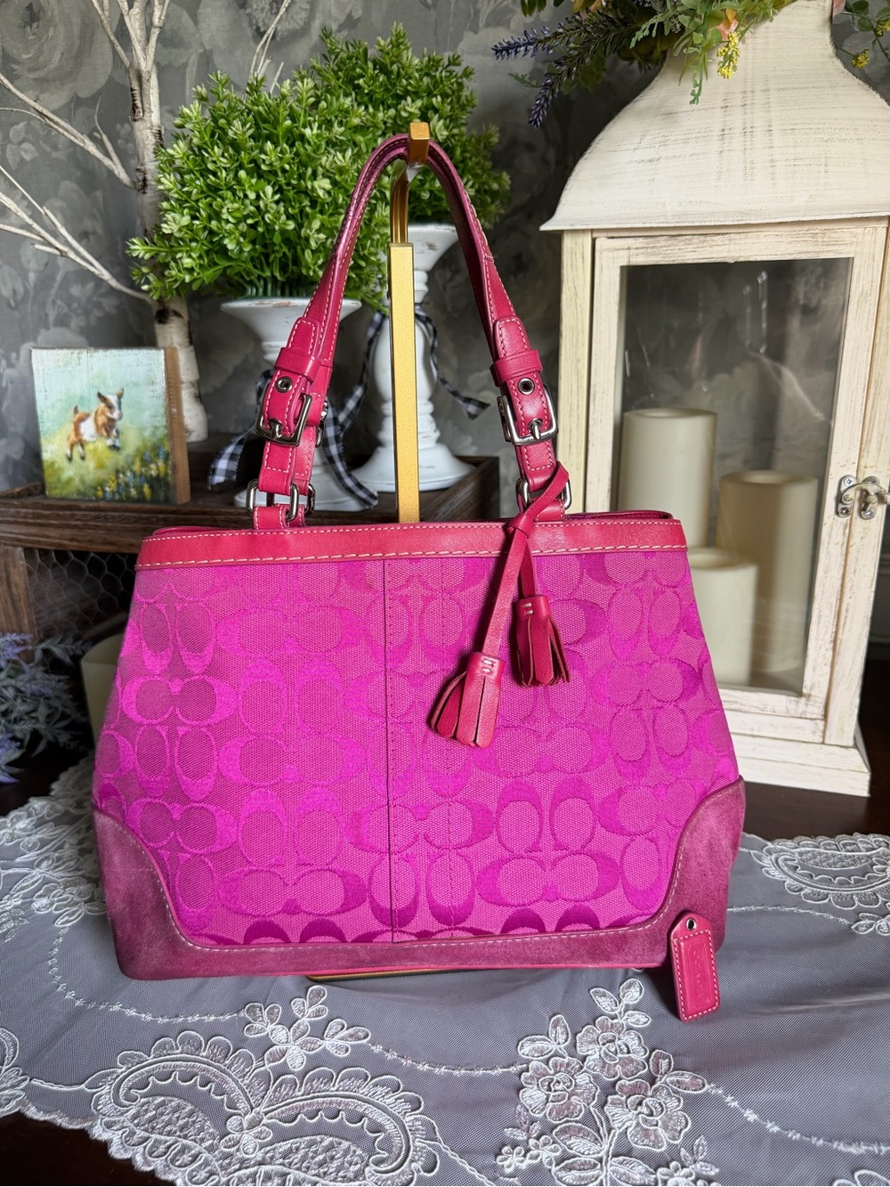 Vintage Y2K Coach Hot Pink Signature Hamptons Canvas Suede Tote Shoulder Bag